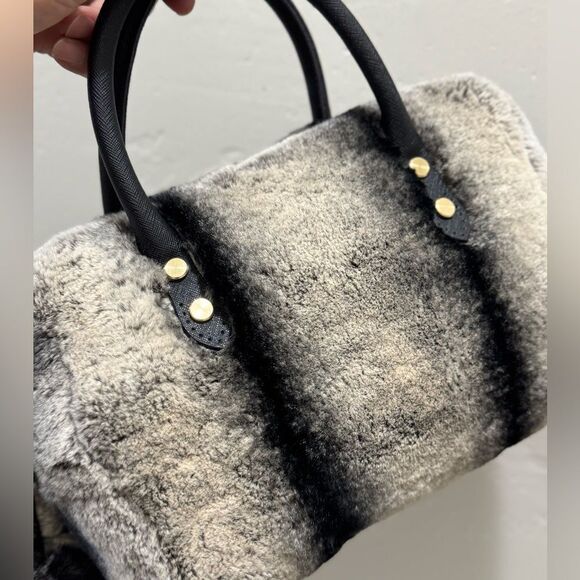 2 Tone Gradient Real Rex Rabbit Fur Boston Bag/Crossbody & 2 Fur Balls Charm - Picture 15 of 16